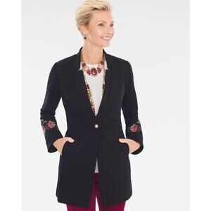 Chicos sz 0 Floral Embroidered black Ponte Jacket sz small